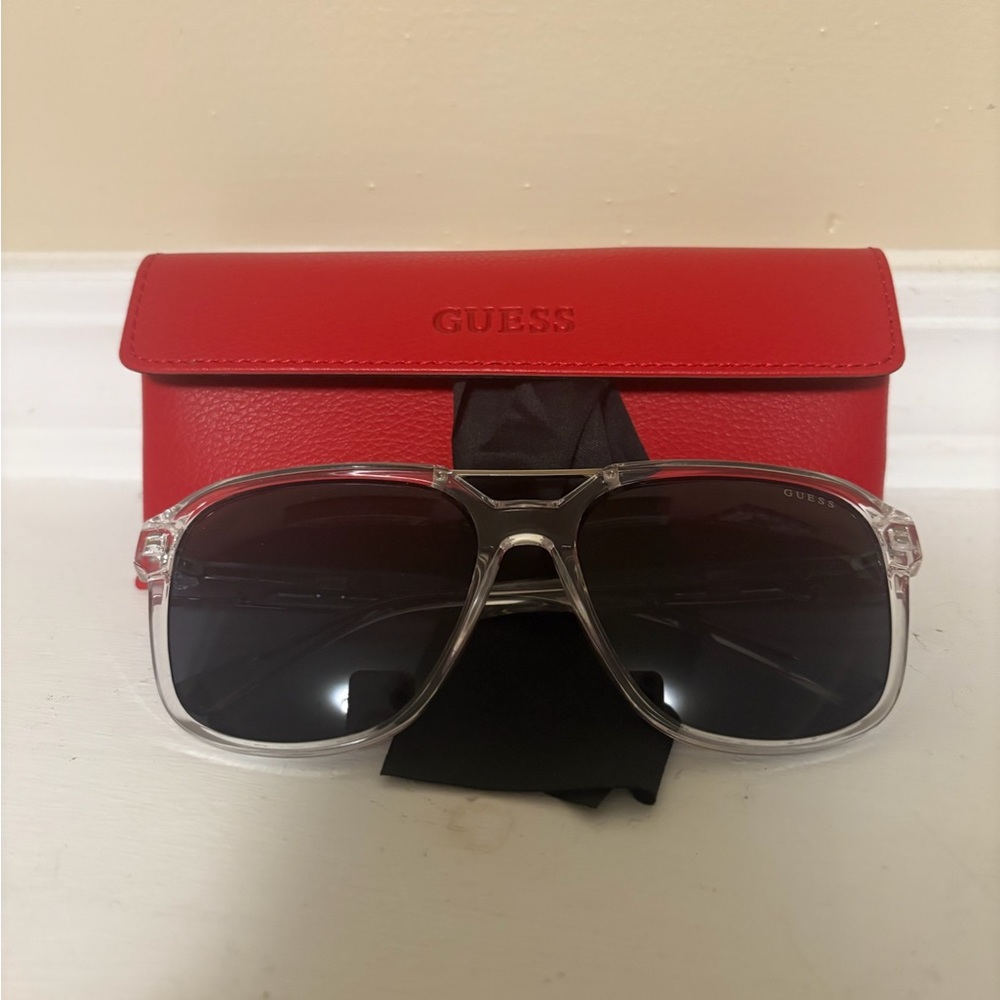 Guess Transparent Frame Sunglasses with Dark Lenses, Dust cloth & Case